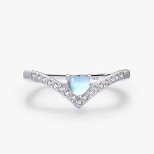 Genuine 925 Sterling Silver Exquisite Moonstone Heart V-Shape Ring (Size 5-9)