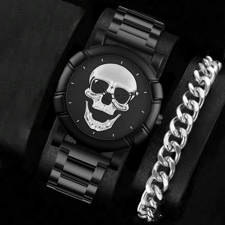 Men’s Quartz Skull Design Stainless Steel Band Watch (8.7″) + Bracelet (9.5″) - Image 3