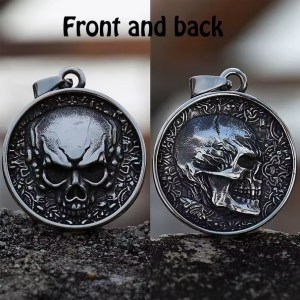 Men’s Vintage 316L Stainless Steel 2 Sided Skull Retro Skeleton Pendant Necklace