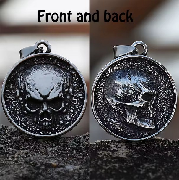 Men’s Vintage 316L Stainless Steel 2 Sided Skull Retro Skeleton Pendant Necklace