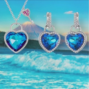 Genuine 925 Sterling Silver Ocean’s Heart Lock & Key Pendant Choker & Earrings