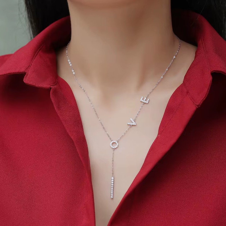 Elegant 18K 925 Sterling Silver Full Moissanite LOVE Tassel Pendant Necklace - Image 2