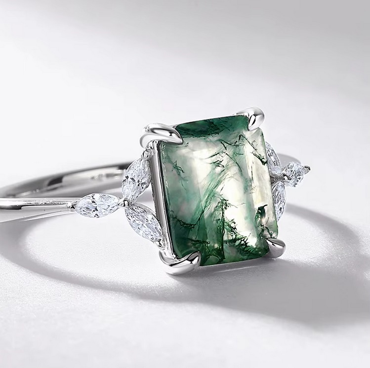 Genuine 925 Sterling Silver 3CT Natural Moss Agate Creative Ring (Size 6-8) - Image 2