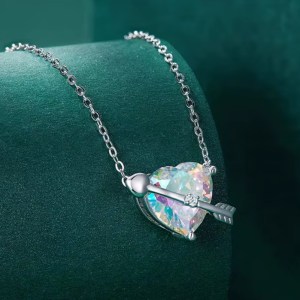 Platinum 925 Sterling Silver Cupid’s Love Rainbow Crystal Pendant Choker (17″)