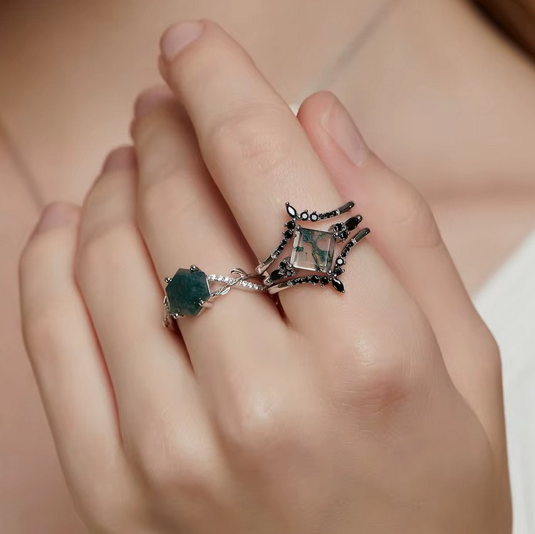 Genuine 925 Sterling Silver 3CT Natural Moss Agate Hexagon Infinity Ring (6-8) - Image 3