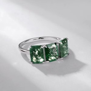 Rhodium 925 Sterling Silver 6CT Natural Moss Agate 3-Stone Luxury Ring (Size 6-8)