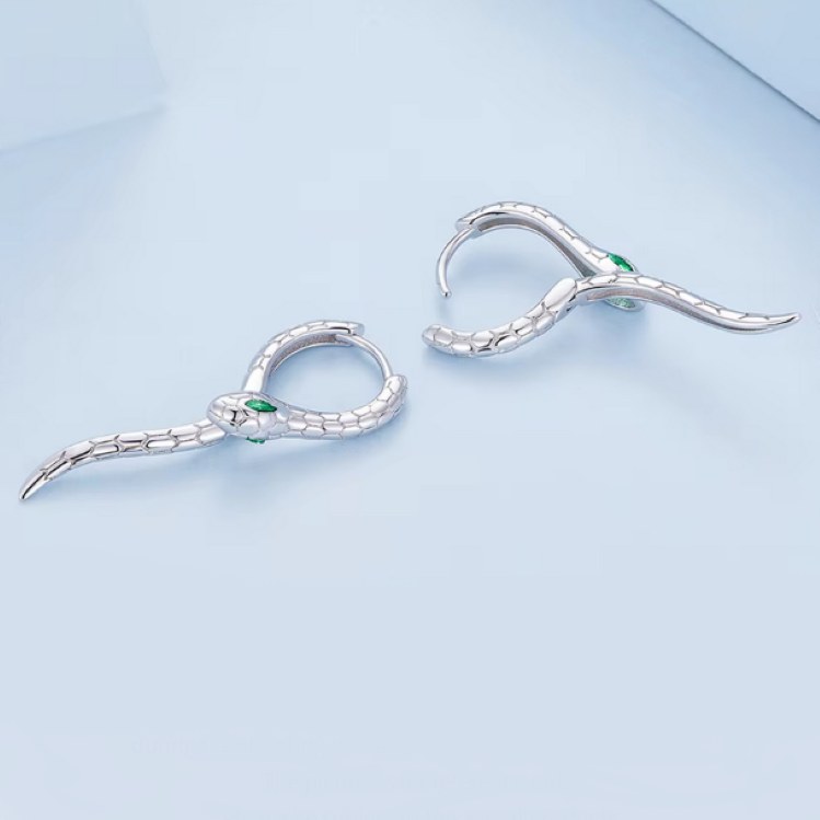 Platinum 925 Sterling Silver Green Eyed Snake Buckle Hoop Earrings - Image 4