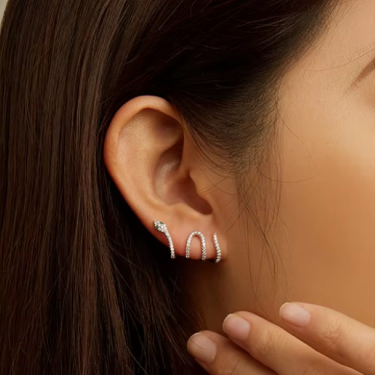 Platinum + Sterling Silver Post Multi-layer Snake Stud Earrings - Image 4