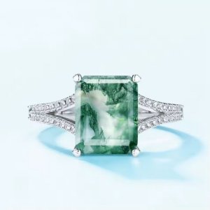Rhodium 925 Sterling Silver 4CT Natural Moss Agate Luxury Design Ring (Size 6-8)