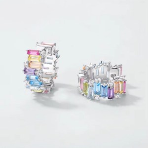 Luxury 925 Sterling Silver Rainbow Crystal Emerald Cut Zirconia Hoop Earrings