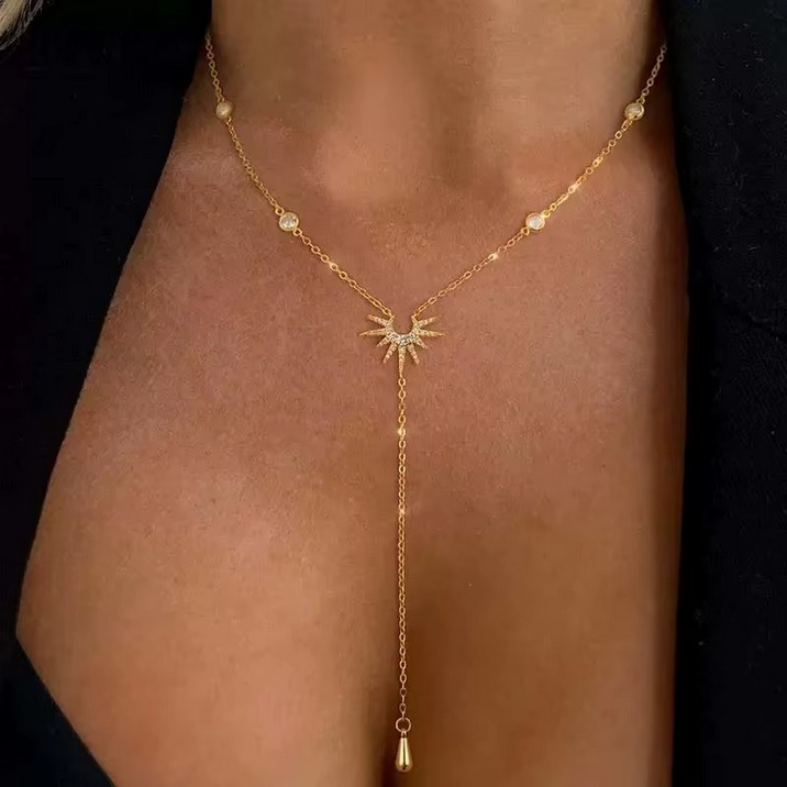 Elegant Stainless Steel Y-Shaped Zirconia Long Tassel Pendant Choker – 17″ - Image 2