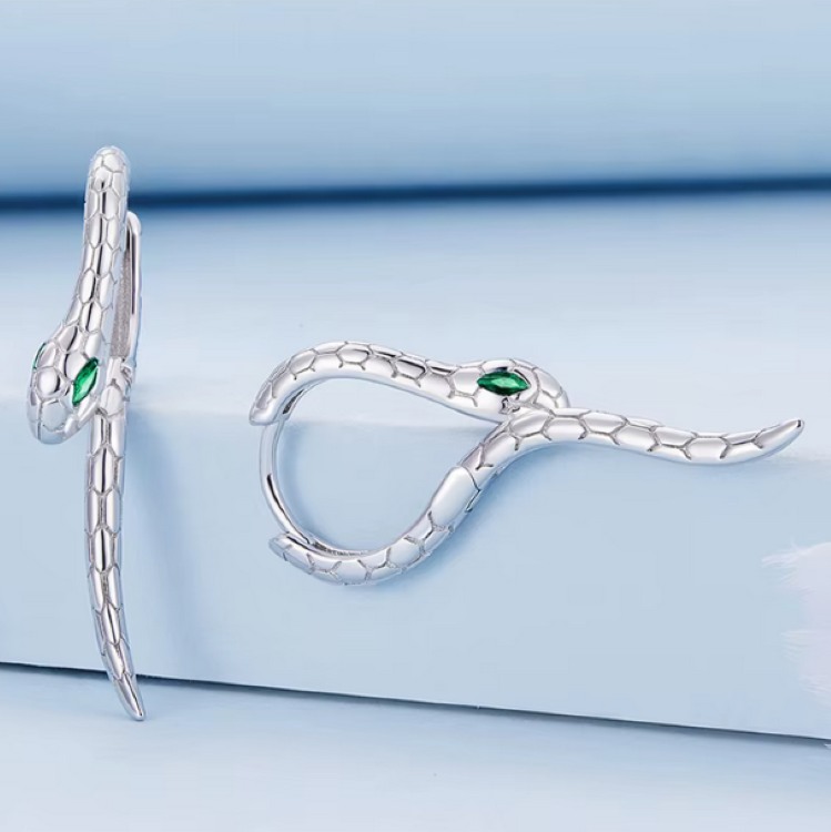 Platinum 925 Sterling Silver Green Eyed Snake Buckle Hoop Earrings