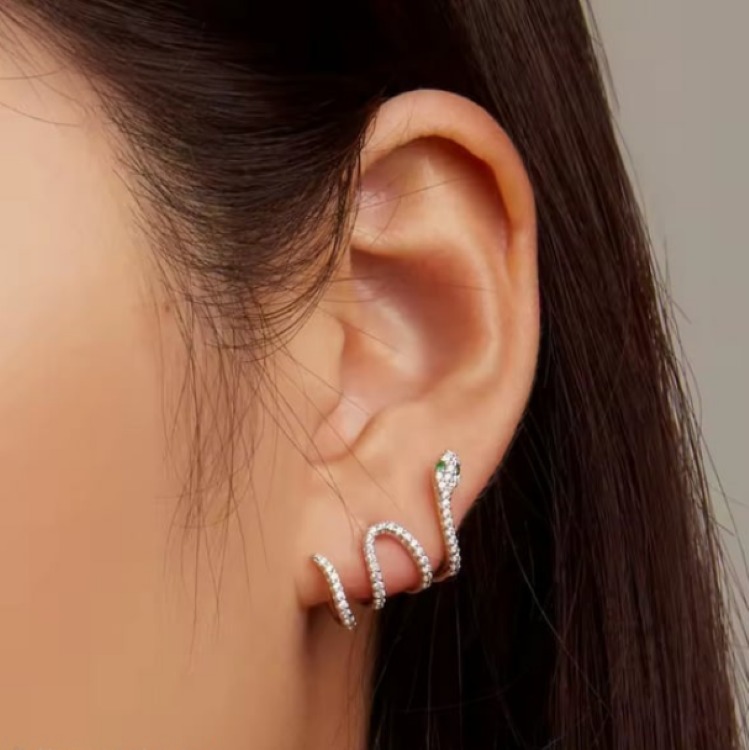 Platinum + Sterling Silver Post Multi-layer Snake Stud Earrings - Image 2