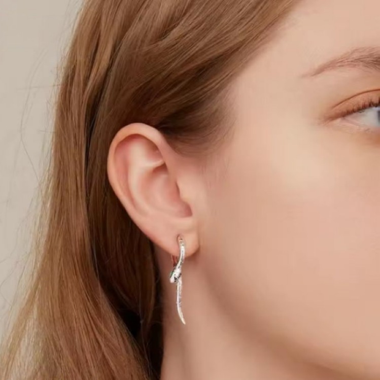 Platinum 925 Sterling Silver Green Eyed Snake Buckle Hoop Earrings - Image 3