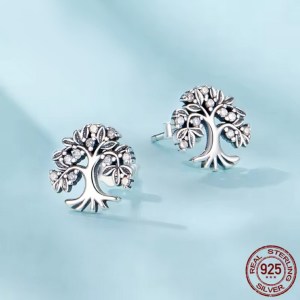 Genuine 925 Sterling Silver Dazzling Zirconia Tree of Life Stud Earrings