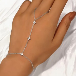 18K 925 Sterling Silver A5 Zirconia Flower Bracelet Chain Ring (Silver, Gold)