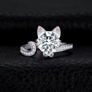 Classic 925 Sterling Silver 3CT Round Zirconia Creative Cat Adjustable Ring (6-8)