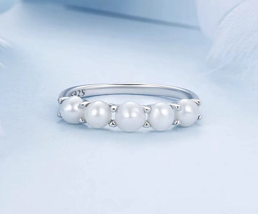 Platinum 925 Sterling Silver Natural Pearl Delicate Ring (Size 6-7.75)