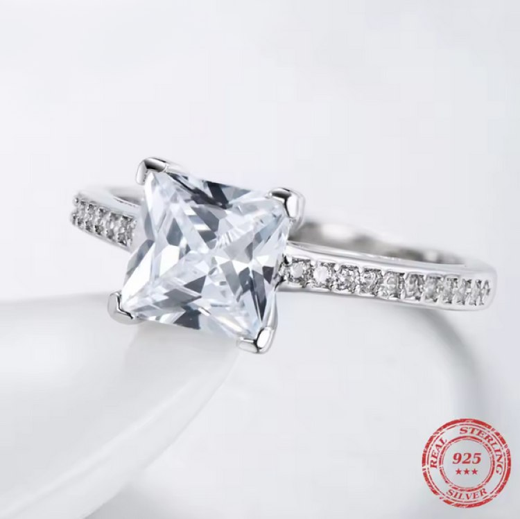 Luxurious 925 Sterling Silver 2CT Sparkling Zirconia Princess Cut Ring (Size 5-9)