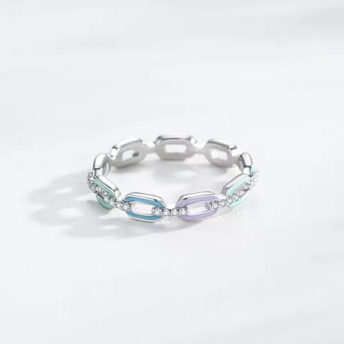 Genuine 925 Sterling Silver Colorful Enamel Zirconia Chain Ring (Size 5-9) - Image 3
