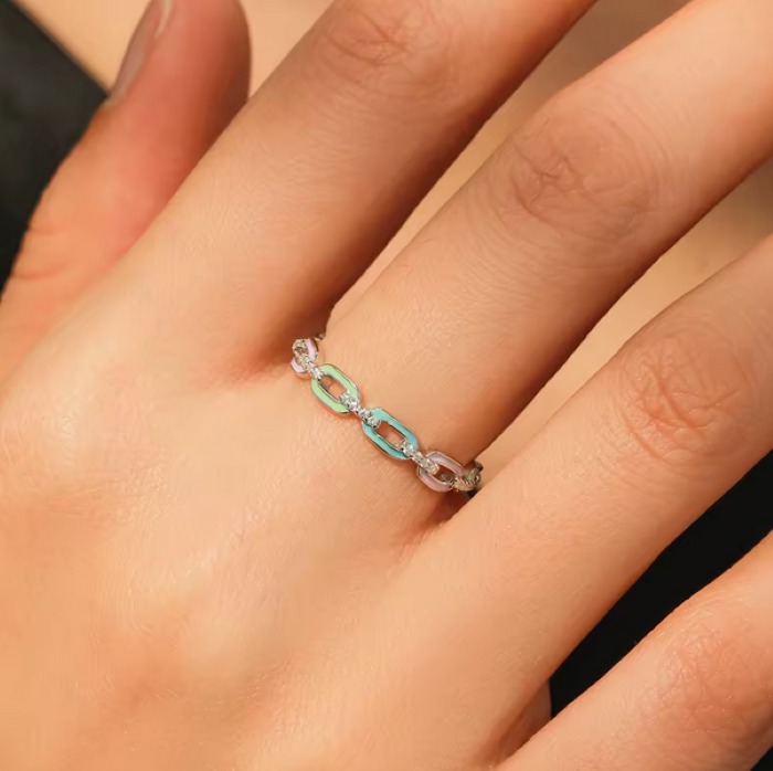 Genuine 925 Sterling Silver Colorful Enamel Zirconia Chain Ring (Size 5-9) - Image 2