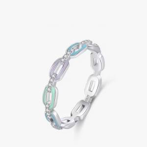 Genuine 925 Sterling Silver Colorful Enamel Zirconia Chain Ring (Size 5-9)