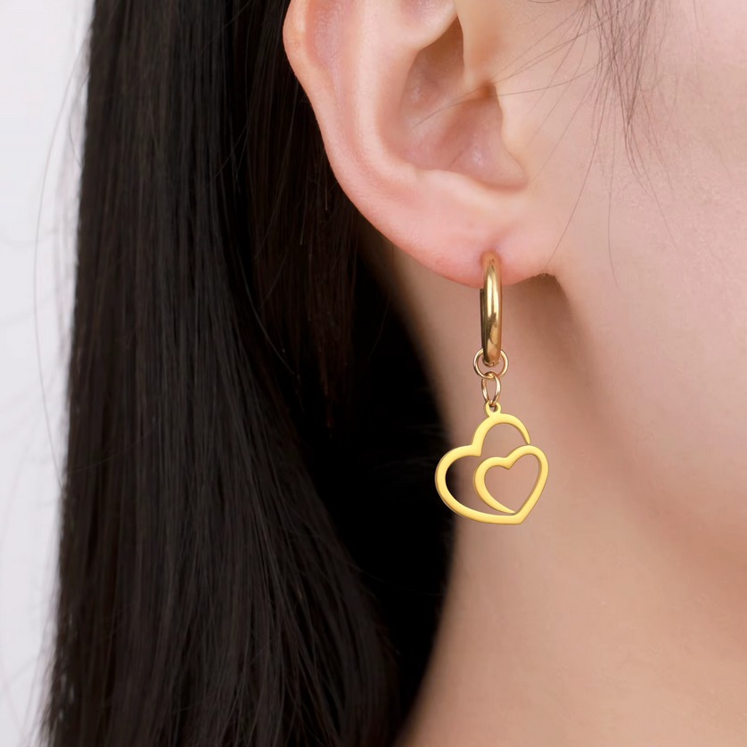 Elegant Stainless Steel Hollow Double Heart Classic Hoop Earrings (Silver, Gold) - Image 2