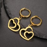 Elegant Stainless Steel Hollow Double Heart Classic Hoop Earrings (Silver, Gold)