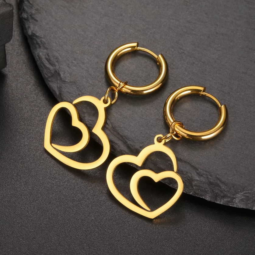 Elegant Stainless Steel Hollow Double Heart Classic Hoop Earrings (Silver, Gold)