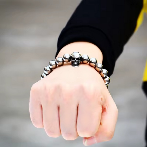 Men's 9.5mm Stainless Steel Beads Retro Skull Elastic Bracelet (Size 8", 9.5") - Image 3