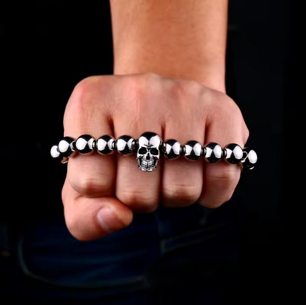 Men's 9.5mm Stainless Steel Beads Retro Skull Elastic Bracelet (Size 8", 9.5")
