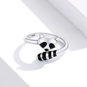 Classic 925 Sterling Silver Black Enamel Sly Raccoon Adjustable Ring
