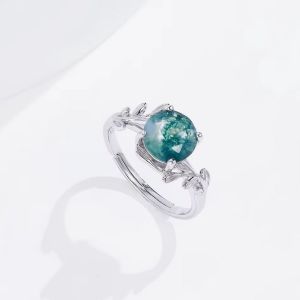Genuine 925 Silver Natural Moss Agate Adjustable Olive Branch Ring (Size 7-8)