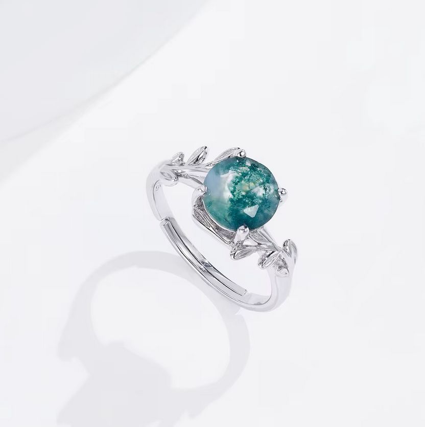 Genuine 925 Silver Natural Moss Agate Adjustable Olive Branch Ring (Size 7-8)