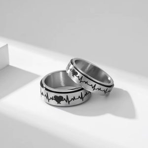 Unisex Stainless Steel 6/8mm Engraved Heartbeat Rotation Lovers Ring (5.25-12)