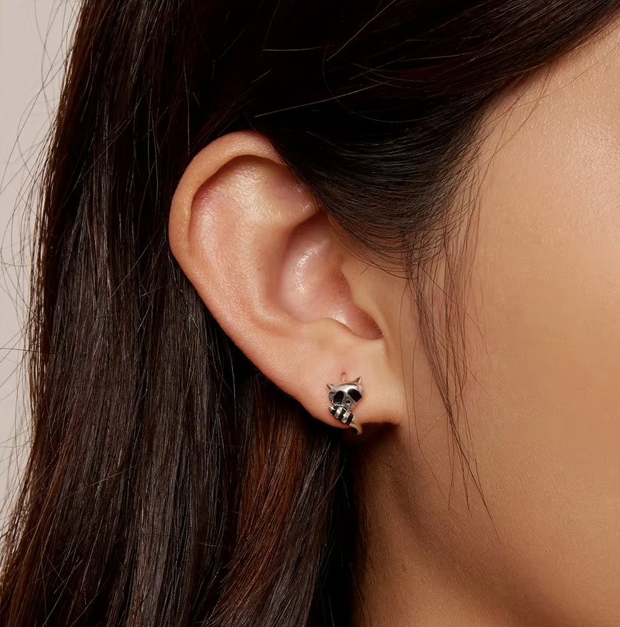 Classic 925 Sterling Silver Black Enamel Sly Raccoon Small Hoop Earrings - Image 2