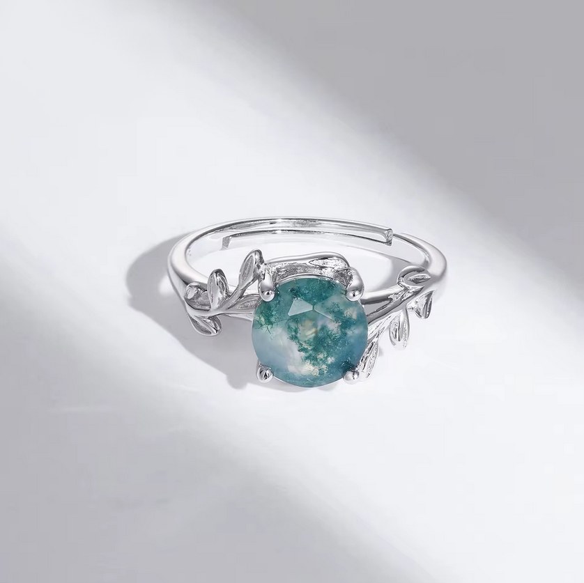 Genuine 925 Silver Natural Moss Agate Adjustable Olive Branch Ring (Size 7-8) - Image 3