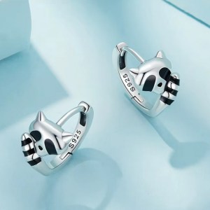 Classic 925 Sterling Silver Black Enamel Sly Raccoon Small Hoop Earrings