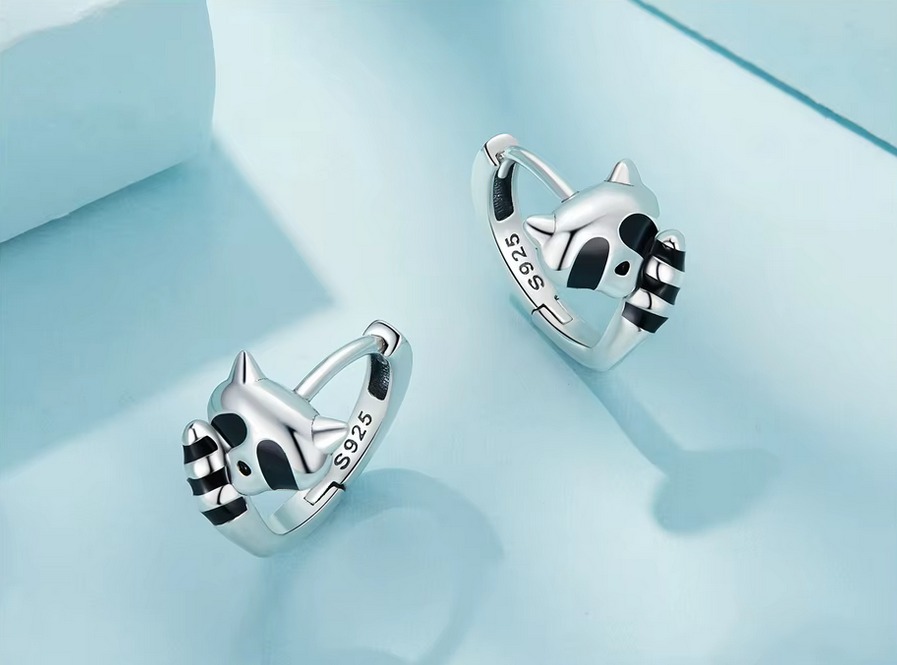 Classic 925 Sterling Silver Black Enamel Sly Raccoon Small Hoop Earrings