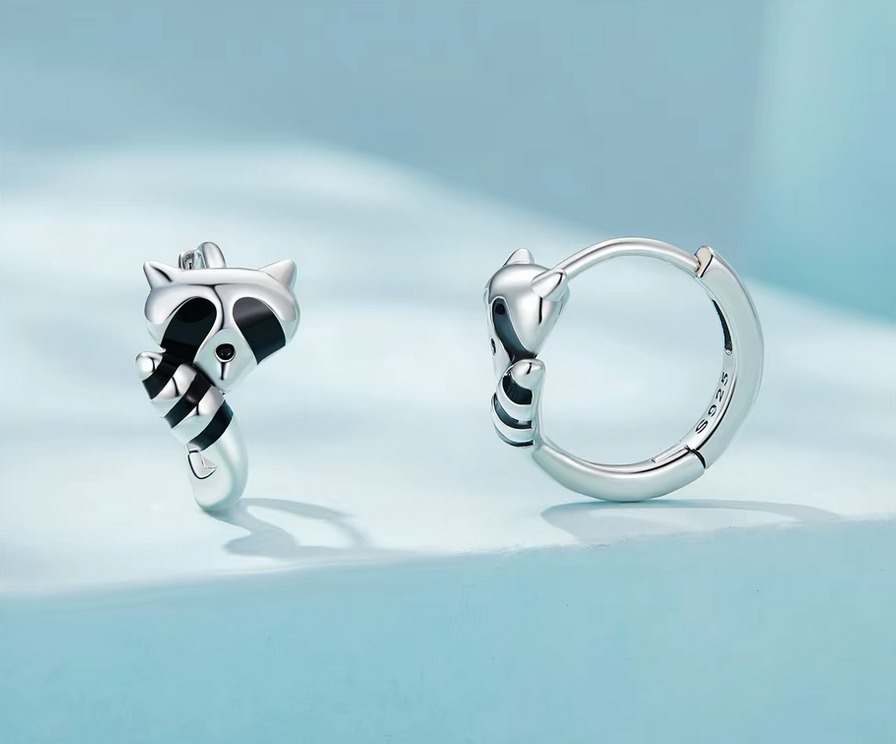 Classic 925 Sterling Silver Black Enamel Sly Raccoon Small Hoop Earrings - Image 3