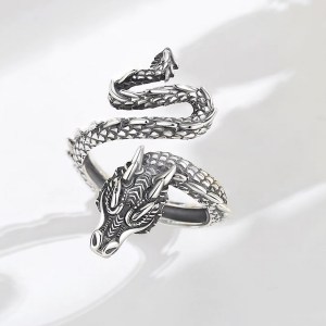 Vintage 925 Sterling Silver Retro Snake Dragon Adjustable Ring (Size 6-8)