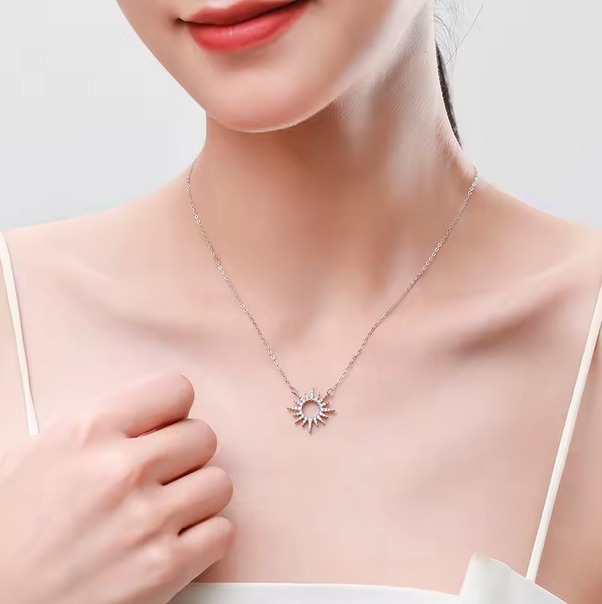 Fine 925 Sterling Silver Sparkling Sun Rays Hollow Zirconia Pendant Choker - Image 2