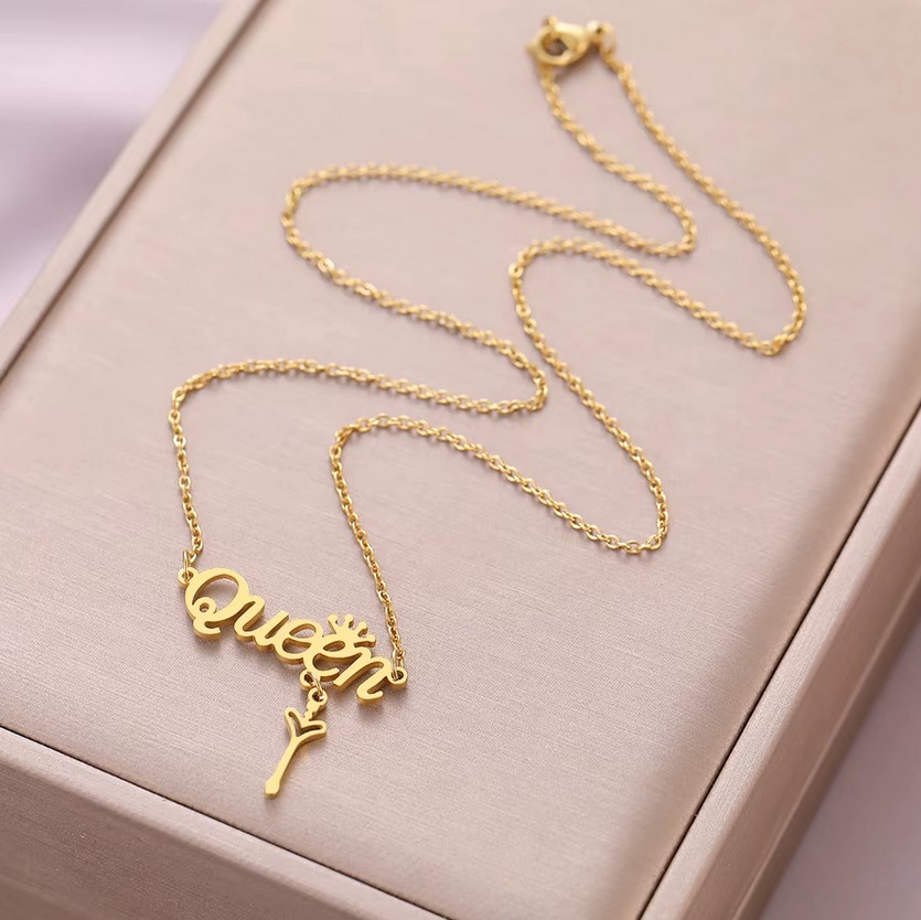 Quality Stainless Steel Crowned Queen Heart Key Letter Pendant Necklace - Image 3