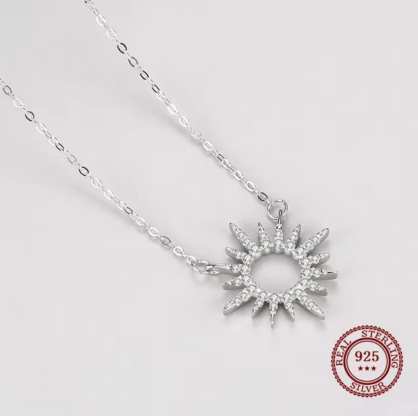 Fine 925 Sterling Silver Sparkling Sun Rays Hollow Zirconia Pendant Choker - Image 3