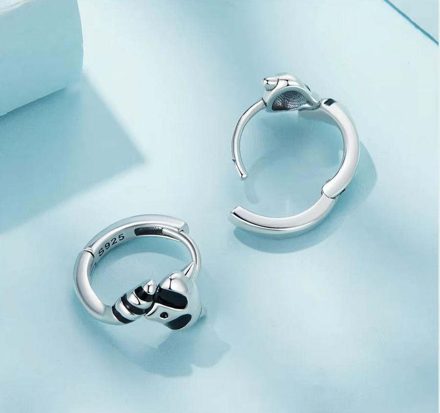 Classic 925 Sterling Silver Black Enamel Sly Raccoon Small Hoop Earrings - Image 5