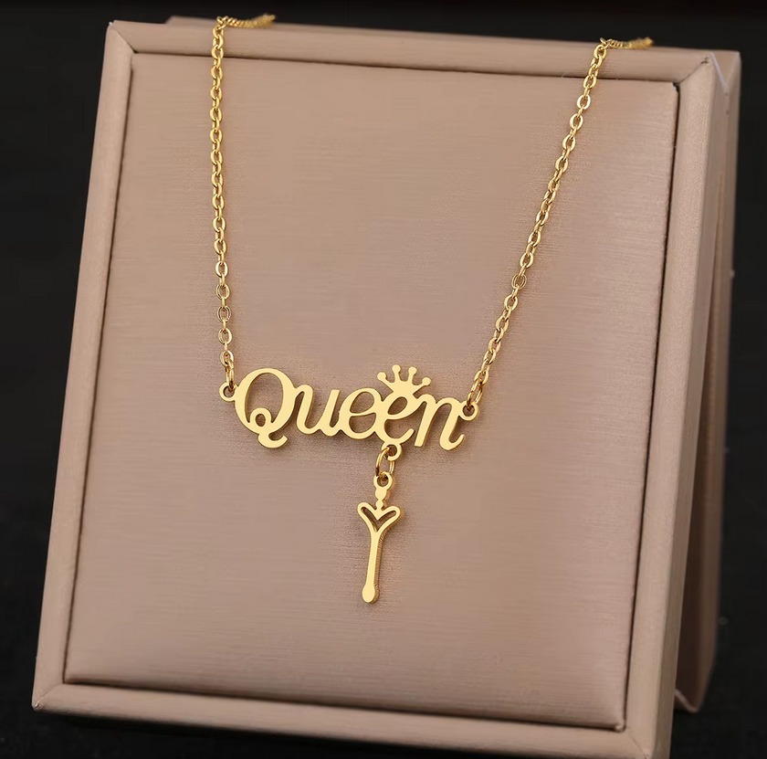 Quality Stainless Steel Crowned Queen Heart Key Letter Pendant Necklace - Image 2