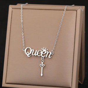 Quality Stainless Steel Crowned Queen Heart Key Letter Pendant Necklace