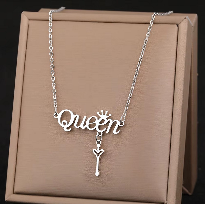 Quality Stainless Steel Crowned Queen Heart Key Letter Pendant Necklace