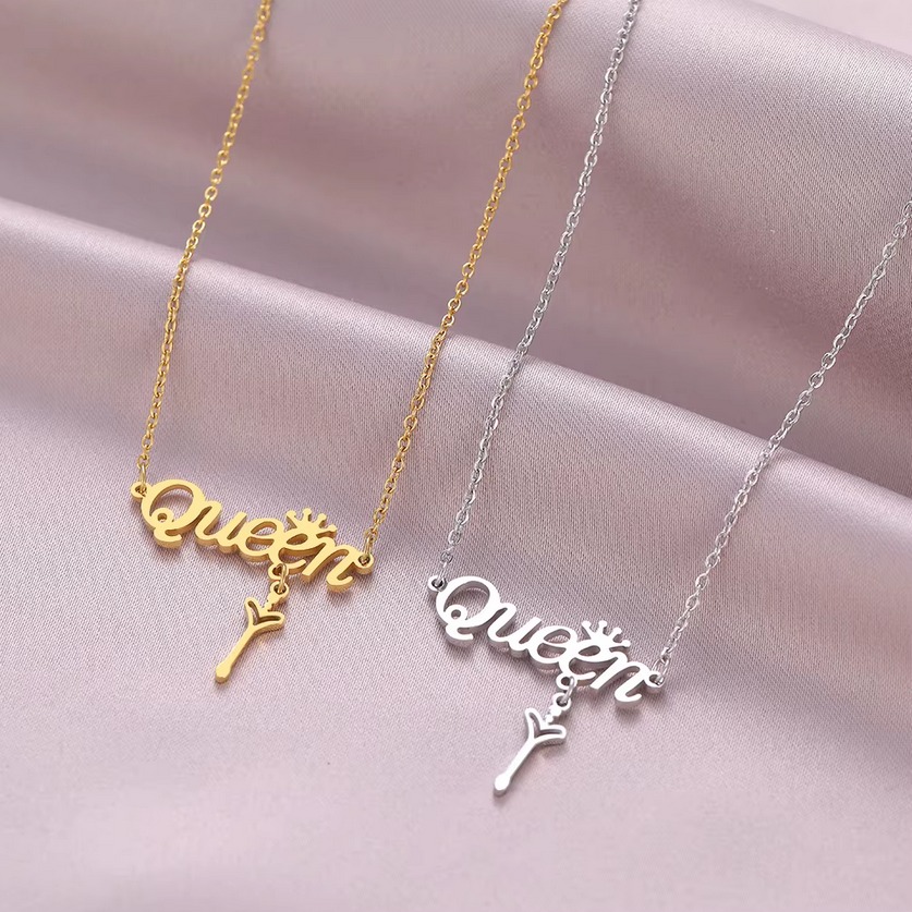 Quality Stainless Steel Crowned Queen Heart Key Letter Pendant Necklace - Image 4