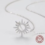 Fine 925 Sterling Silver Sparkling Sun Rays Hollow Zirconia Pendant Choker